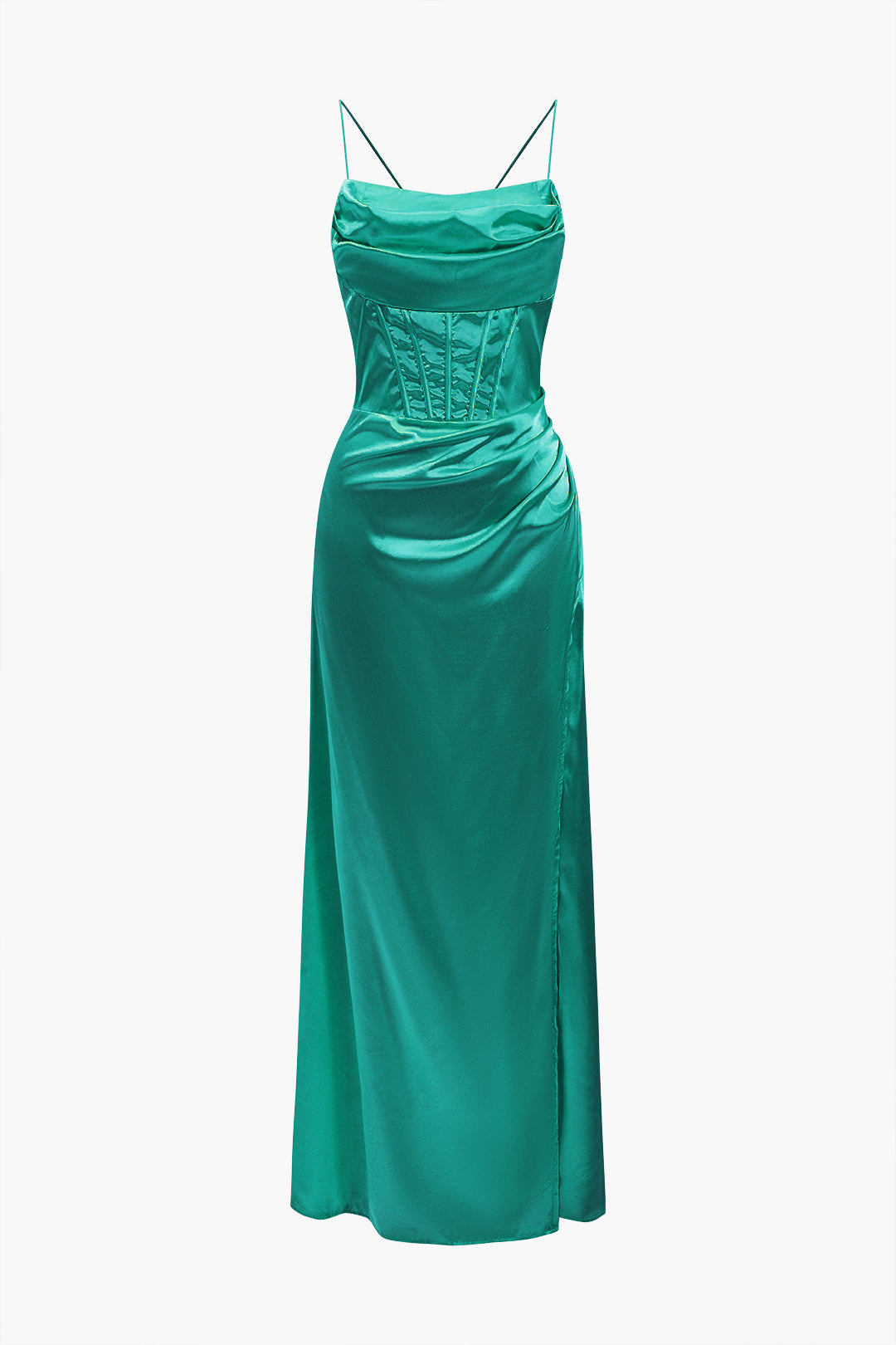 Satin Cowl Neck Corset Bodice Spaghetti Strap High Split Maxi Gown 8