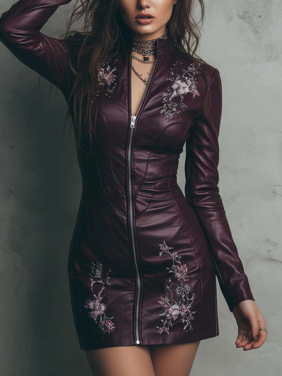 Embroidered Eco-Leather Mini Dress
