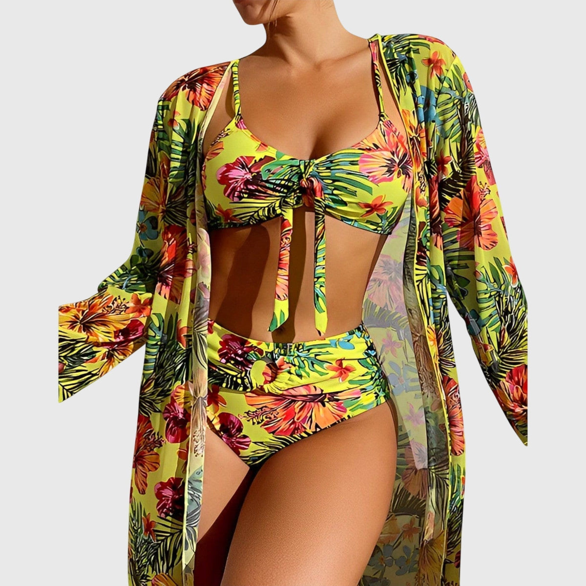 Tropical Floral Bikini and Long Cover Up Three Piece Swimsuit