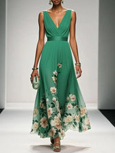 Floral Chiffon Deep V-Neck Sleeveless Pleated Maxi Dress 8