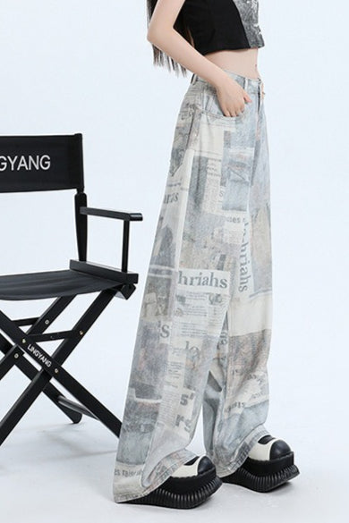 Newspaper Print Wide Leg Jean