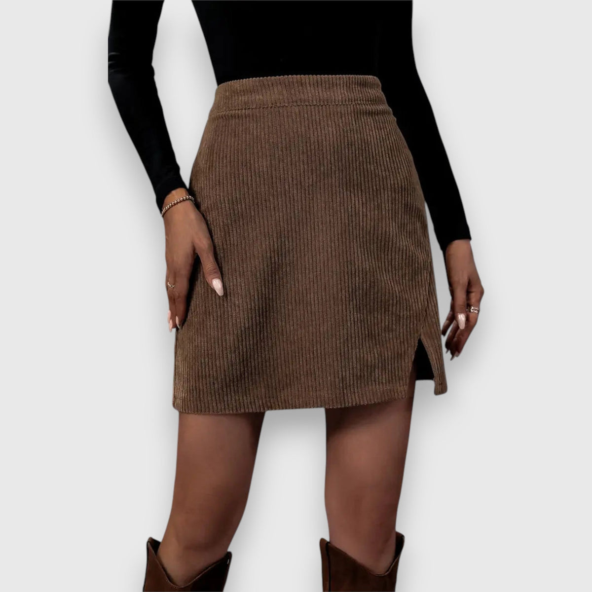 High Waist Corduroy Side Slit Mini Skirt