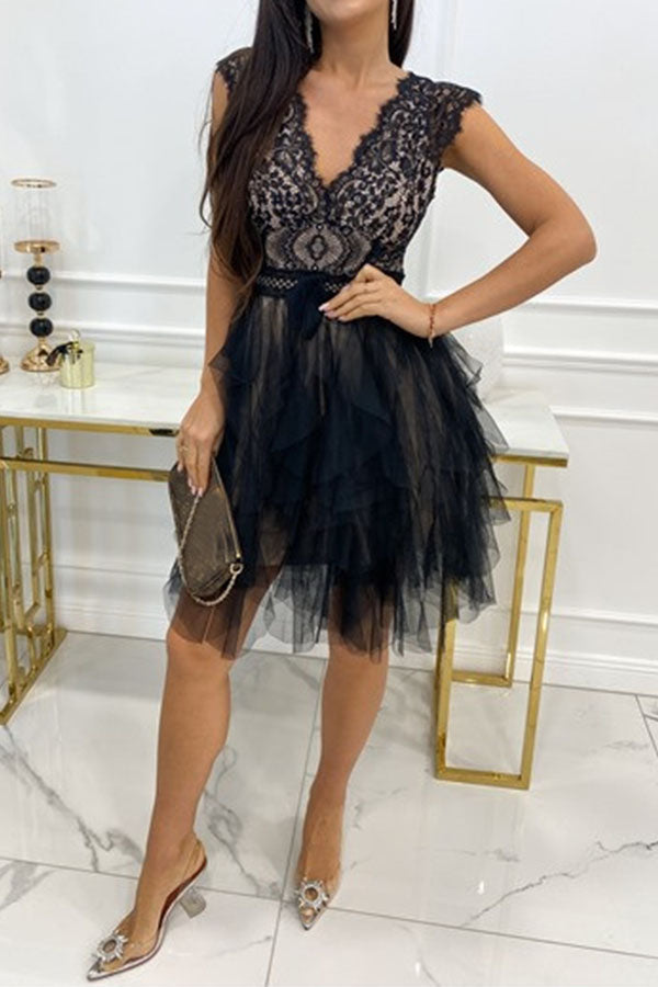 Gabriela Timeless Open-Shoulder Layered Lace Midi Dress with V Neck Evening Wear Edit