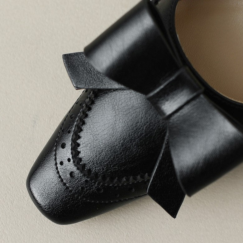 Square Toe Bow Brogue Kitten Heel Pumps