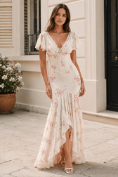Mermaid V Neck Lace Panel Slim Long Floral Dress
