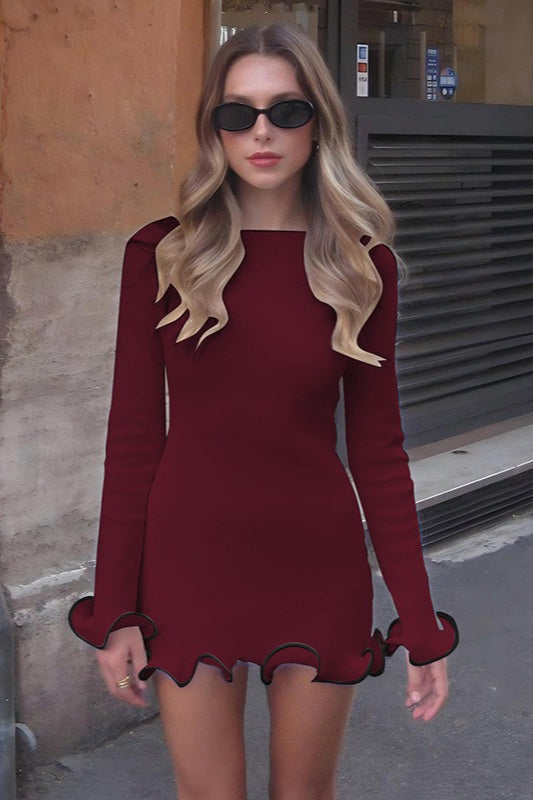 Boat Neck Long Sleeve Contrast Trim Ruffle Cuff Hem Bodycon Mini Cocktail Dress