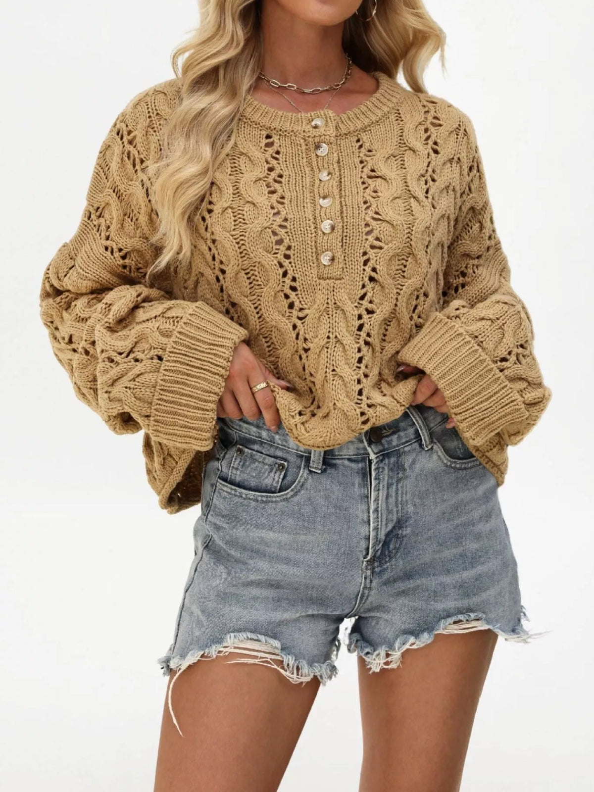 Round Neck Half Button Openwork Cable Knit Oversized Sweater 9