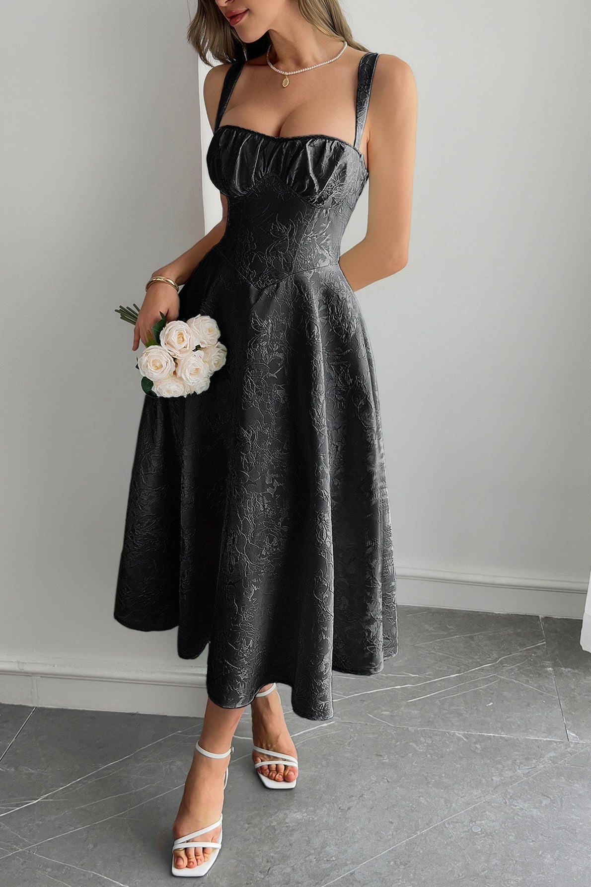 Jacquard Sweetheart Lace Trim Corset Bodice Pocket A-Line Midi Dress