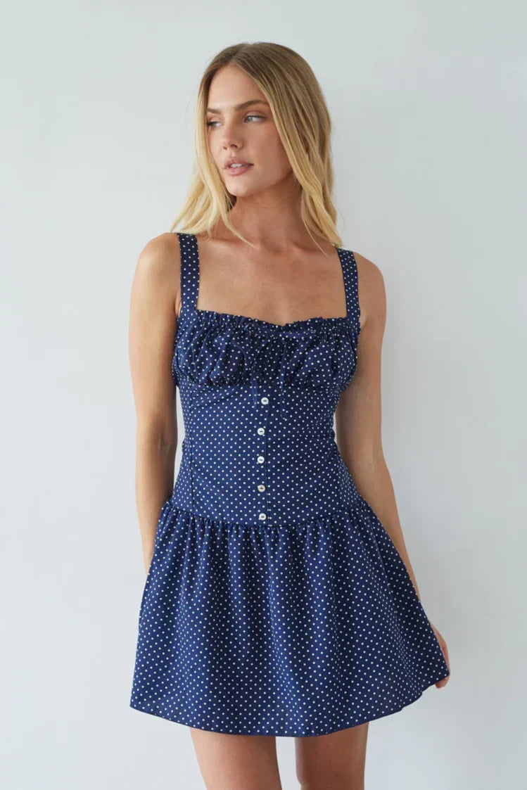 Polka Dot Ruched Bust Button Front Drop Waist Mini Dress 4