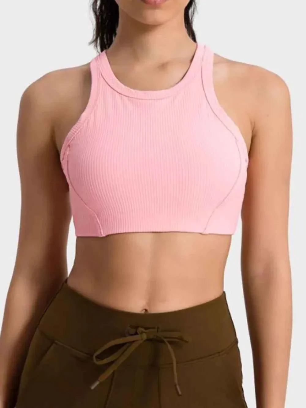 Ribbed Round Neck Wide Strap Cropped Sport Tank Top 16
