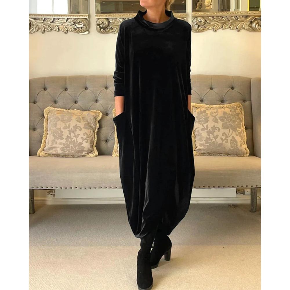 Velvet Cowl Neck Long Sleeve Pocket Oversized Maxi Dress