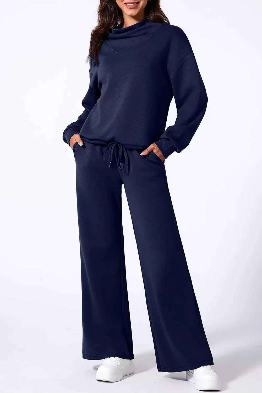 Solid Color Cowl Neck Drawstring Pullover Wide Leg Athleisure Pants Set