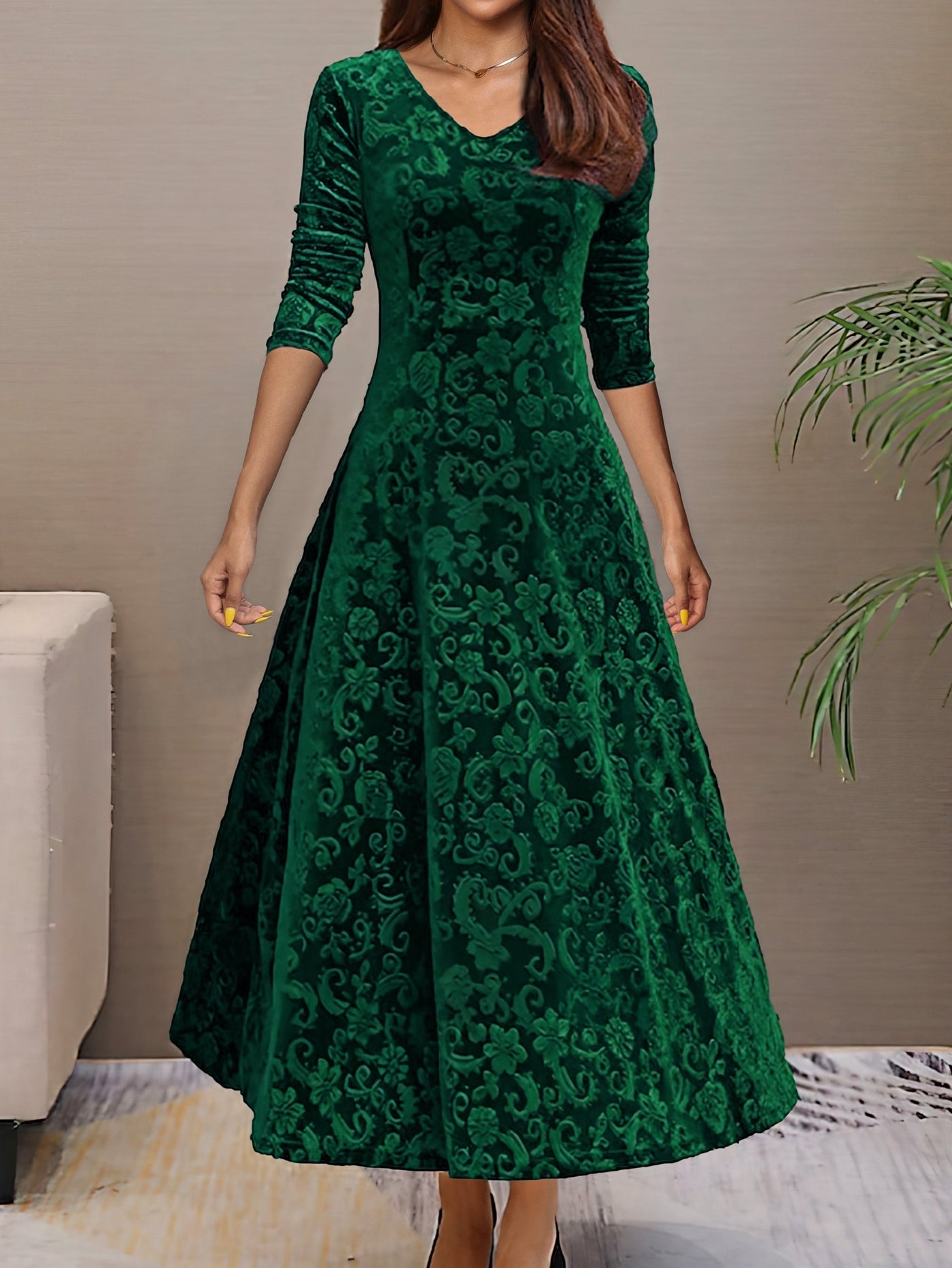 Floral Velvet V-Neck Long Sleeve Fit and Flare Midi Dress