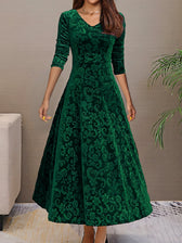 Floral Velvet V-Neck Long Sleeve Fit and Flare Midi Dress