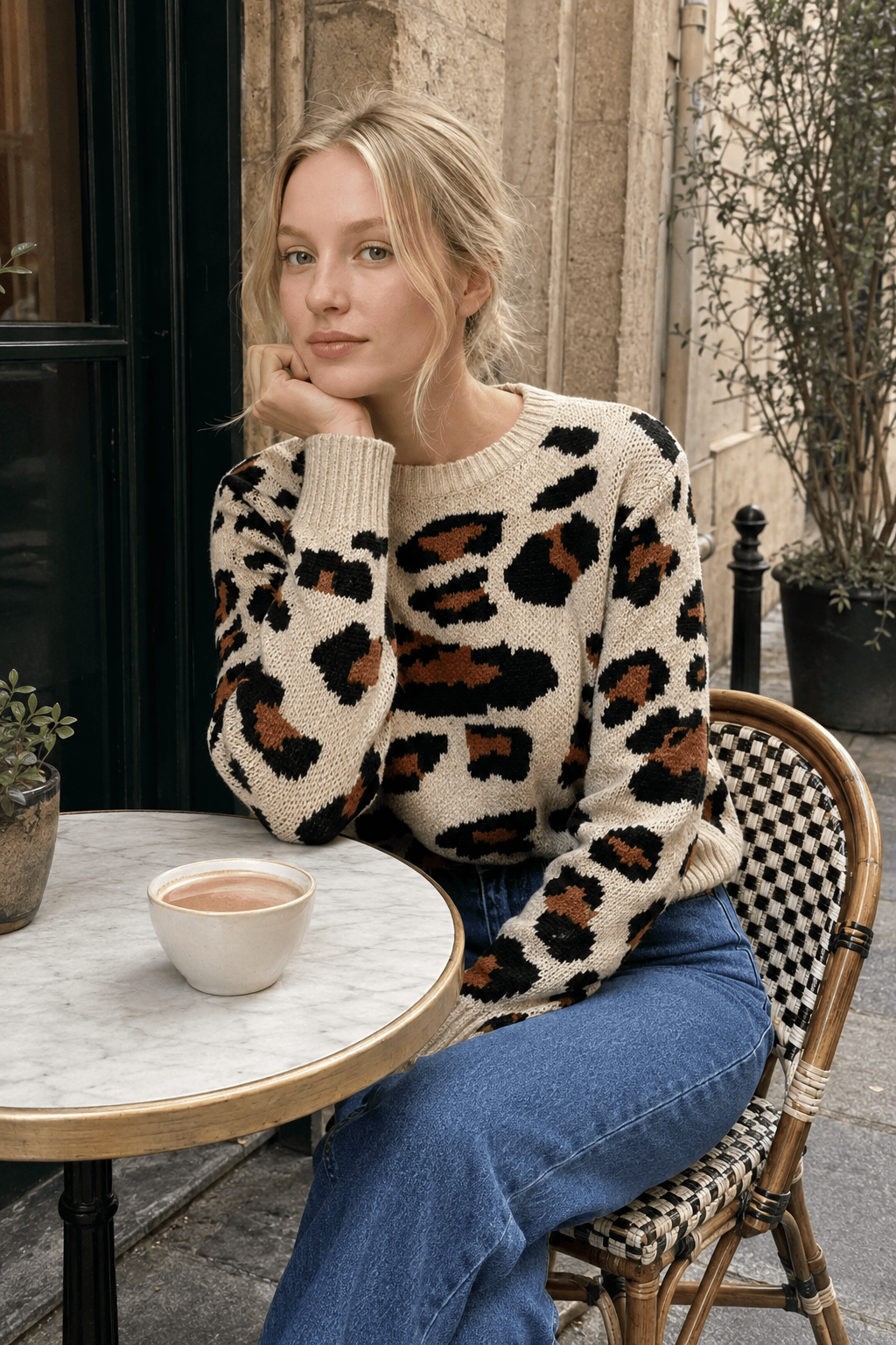 Colorblock Leopard Crewneck Sweater