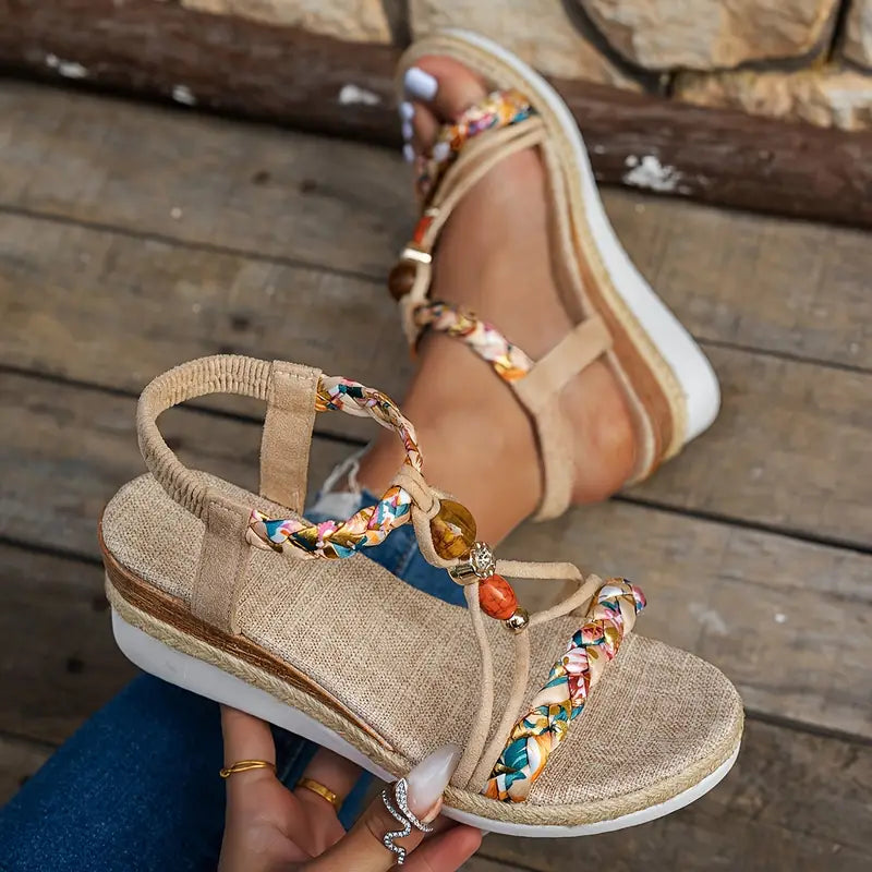 Beaded Braided Strap Espadrille Wedge Sandals