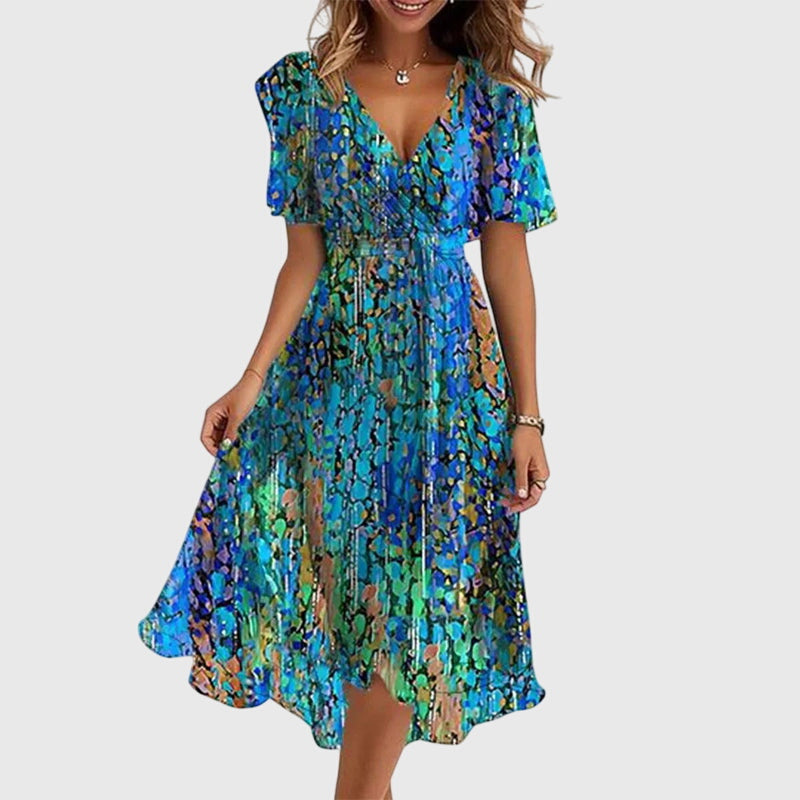 Floral Print V-Neck Flutter Sleeve Handkerchief Hem Midi Dress