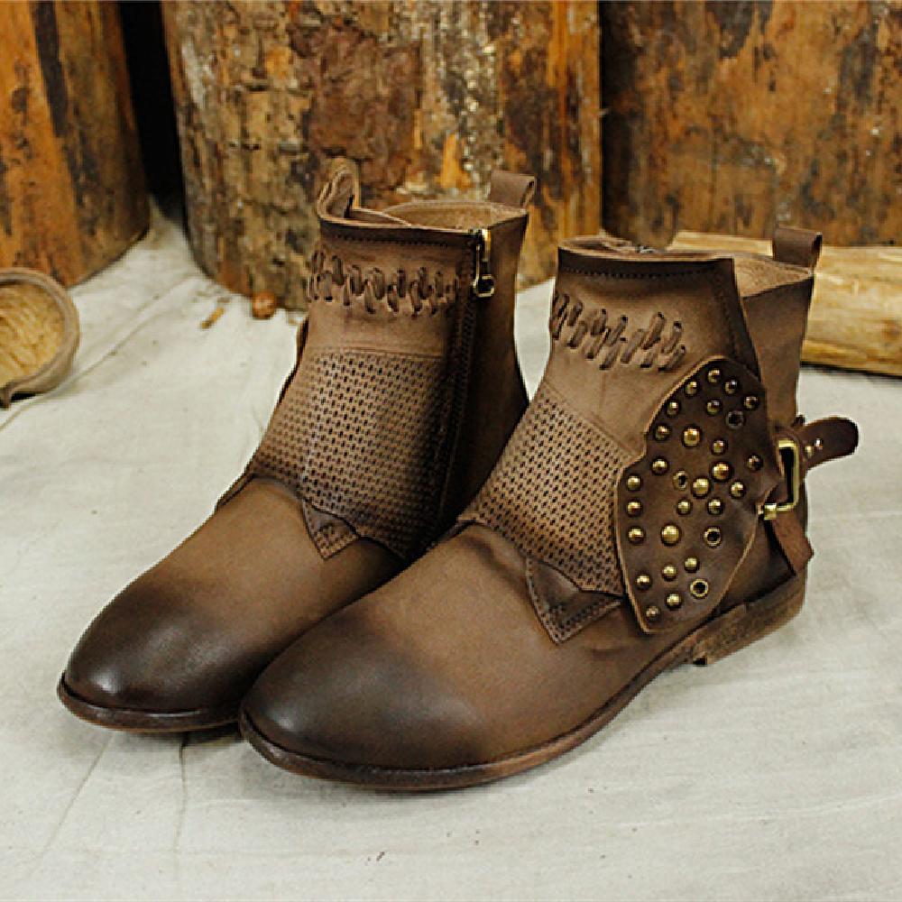 Women Booties Sheepskin Leather Short Ankle Boots For Women Low Heel Brown