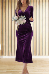 Solid Color Velvet Long Sleeve V-neck Slim Fit Fishtail Maxi Dress - View 18