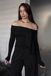 Off Shoulder Asymmetric Ribbed Long Sleeve Top