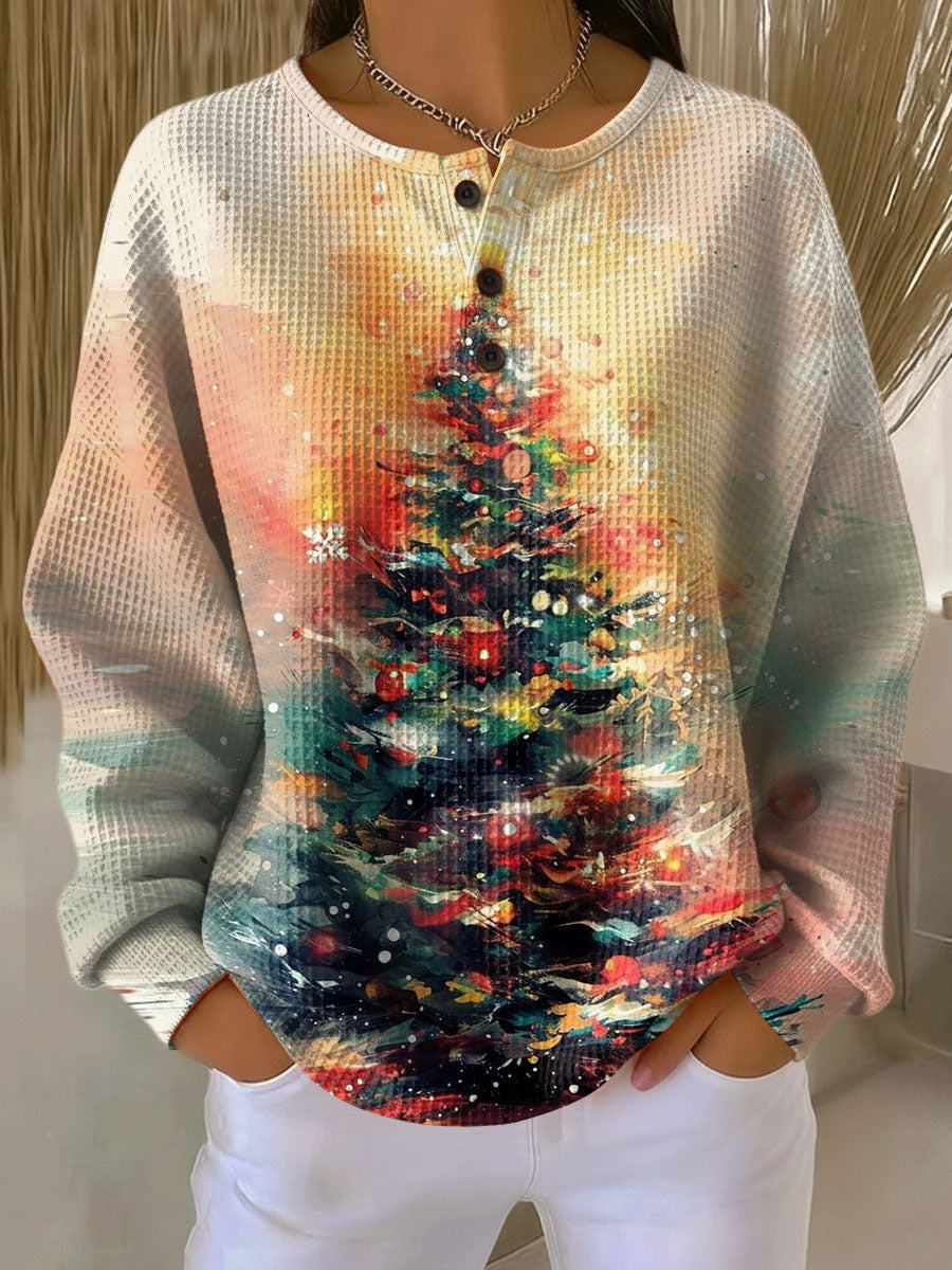 Christmas Tree Print Waffle Knit Button Neck Sweatshirt