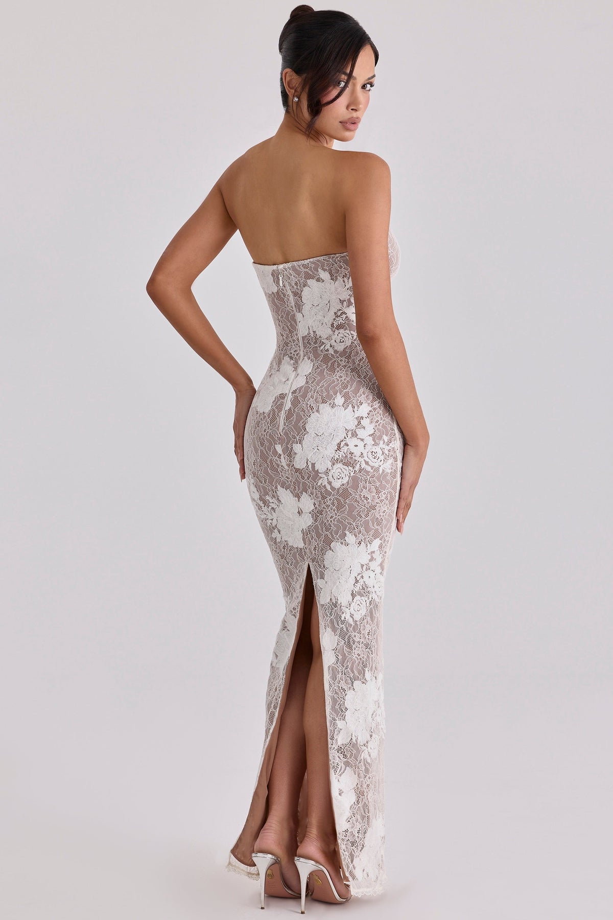 Floral Lace Sweetheart Bustier Long Sleeve Sheer Mermaid Maxi Gown 8