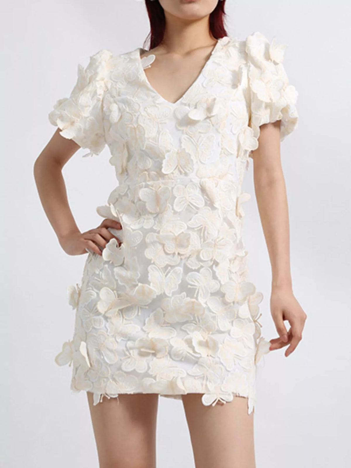 3D Butterfly Appliqué V-Neck Puff Sleeve Bodycon Mini Dress