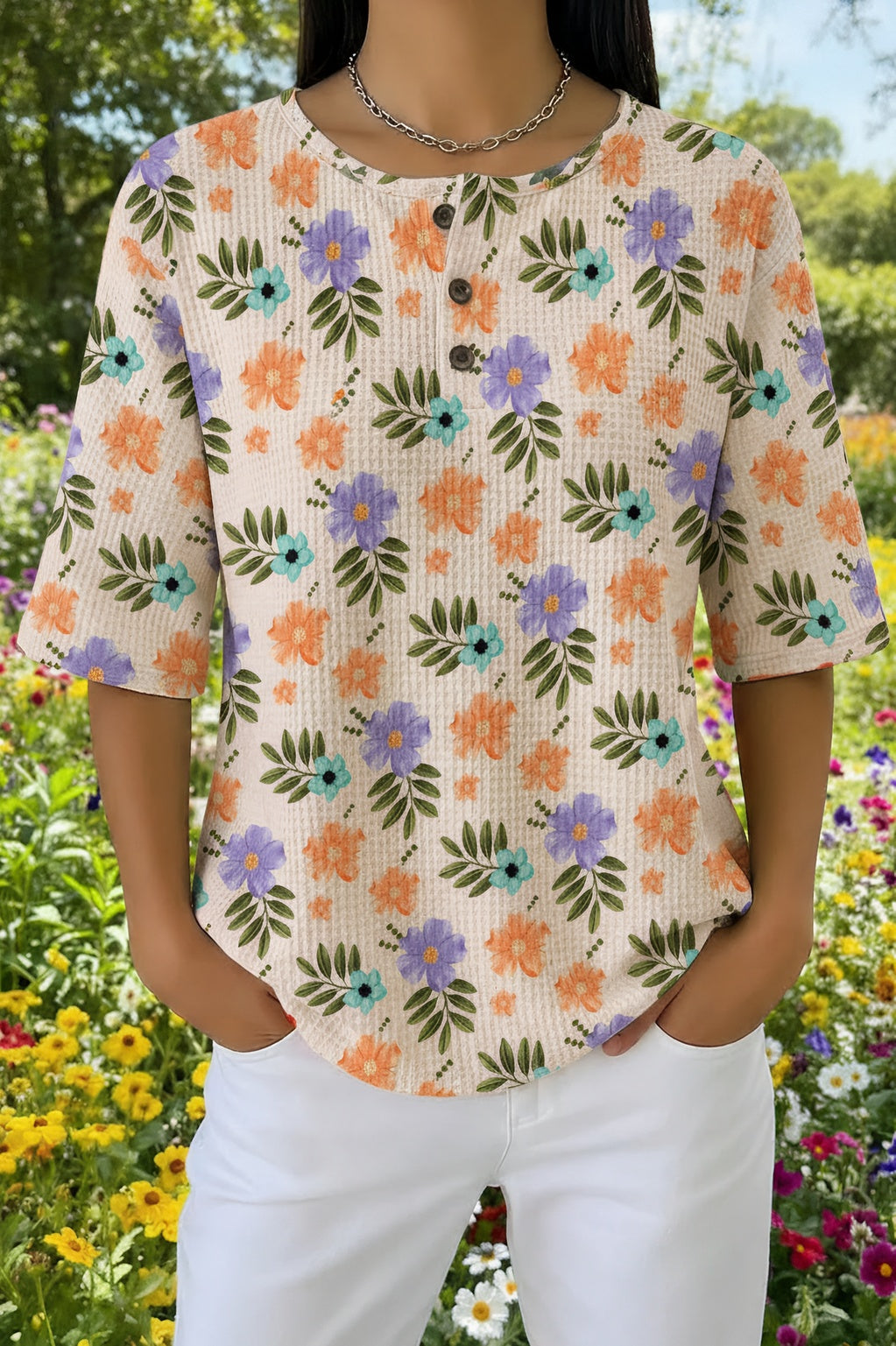 Floral Print Short Sleeve Button Henley Waffle Knit Top