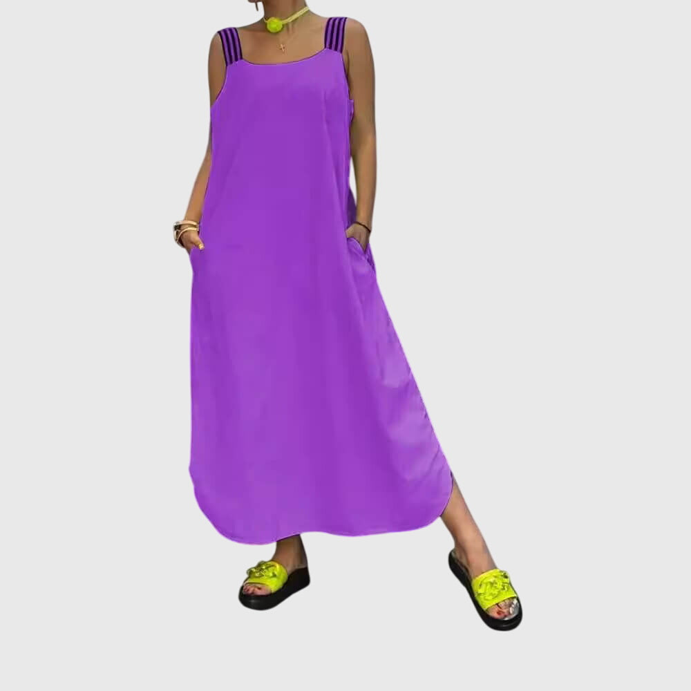 Contrast Strap Square Neck Side Pocket Maxi Dress