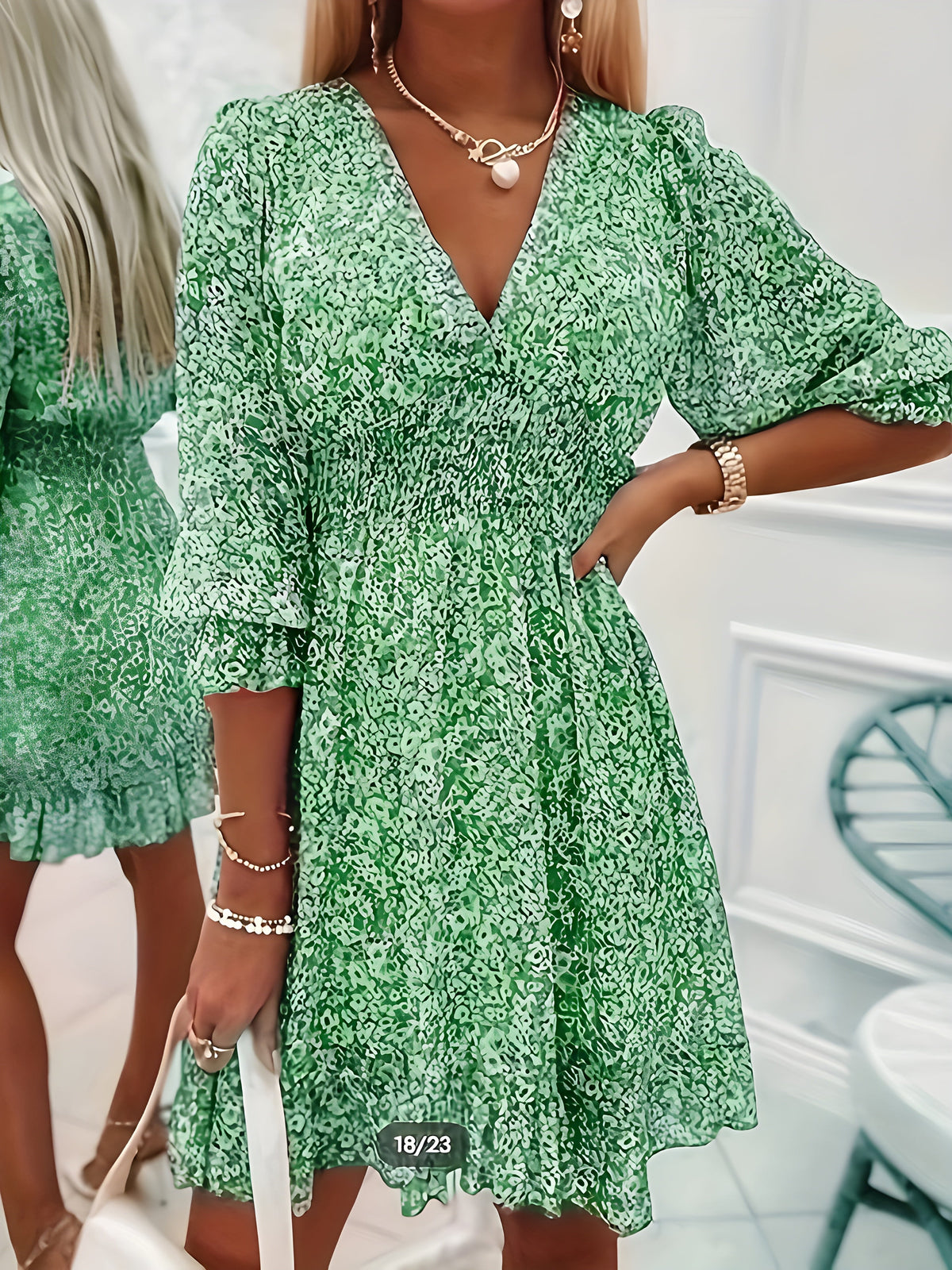 Ditsy Floral V-Neck Long Sleeve Ruffle Hem Mini Dress