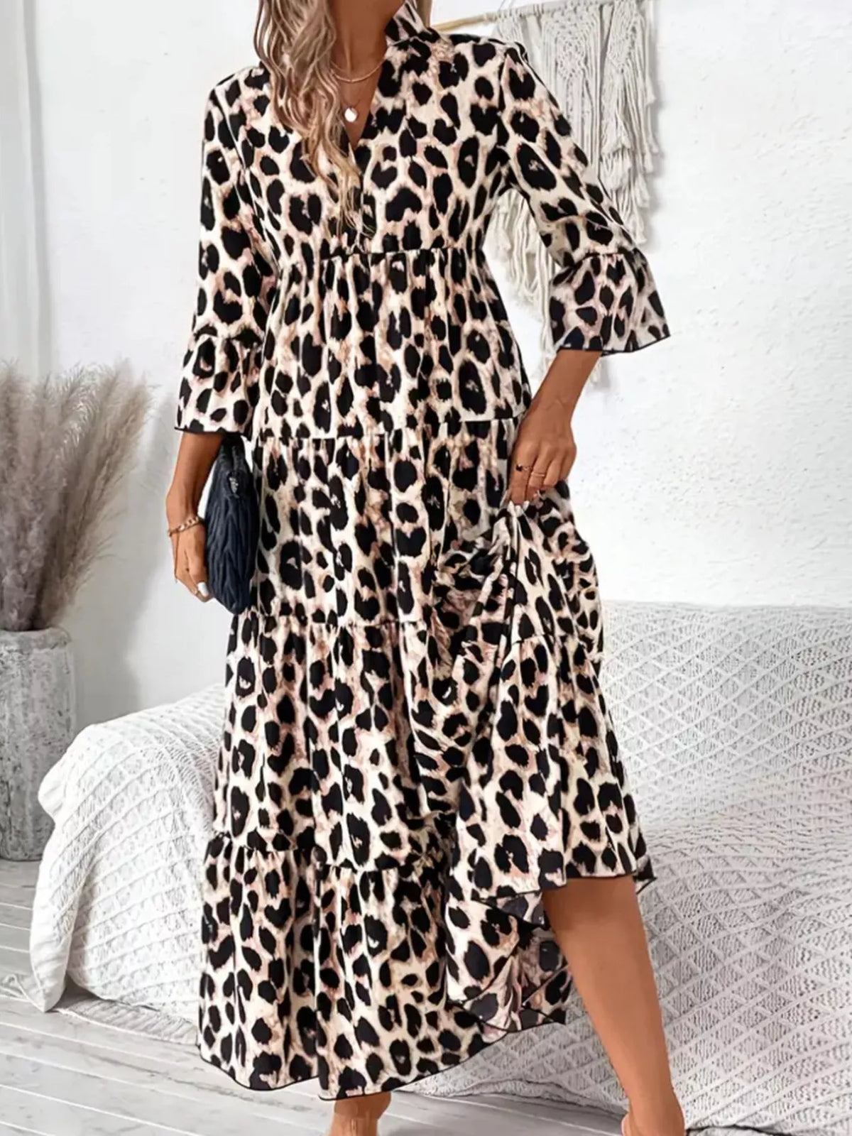 Leopard 3/4 Sleeve Midi Dress