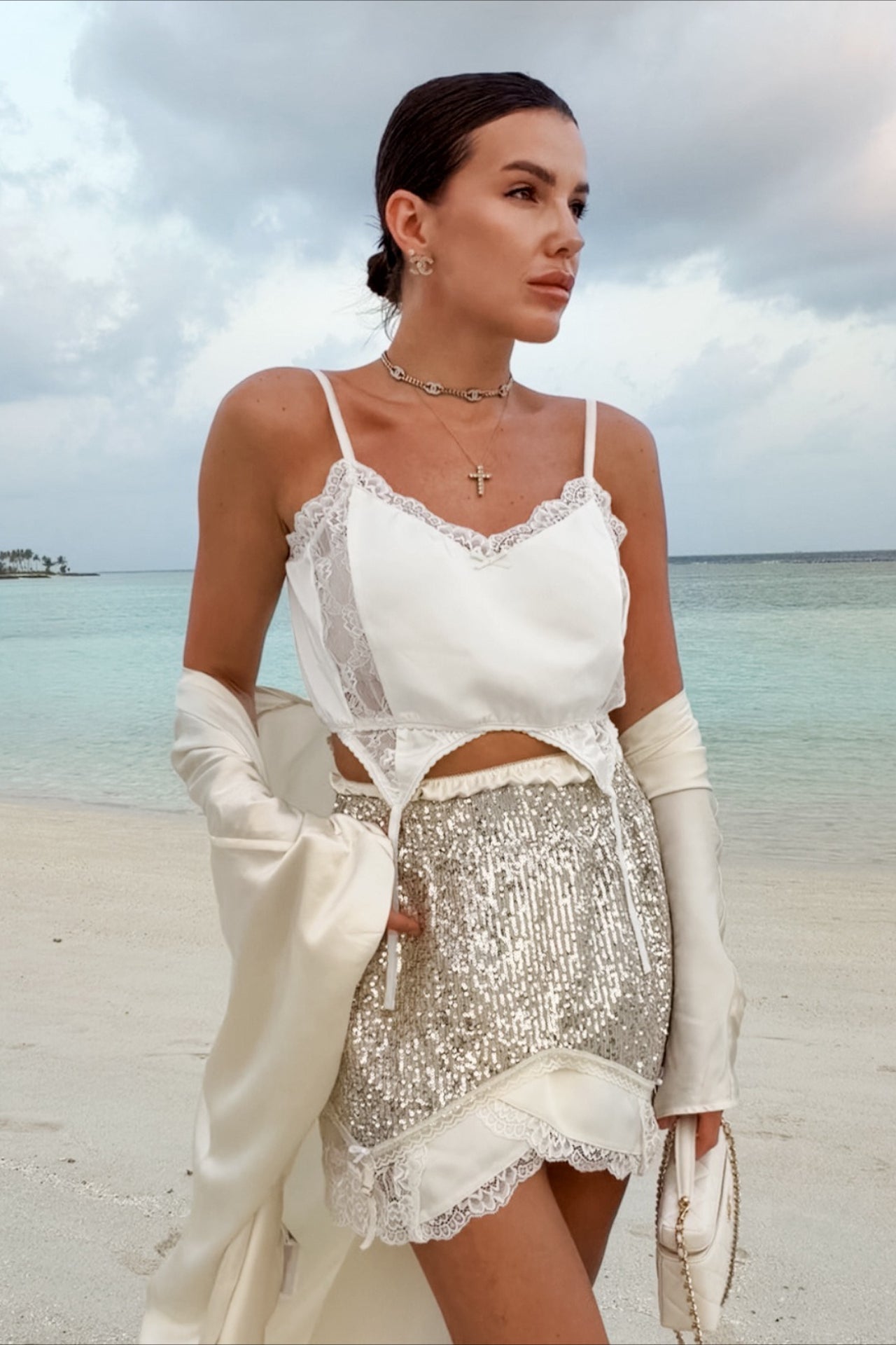 White Lace Trim Crop Cami Top
