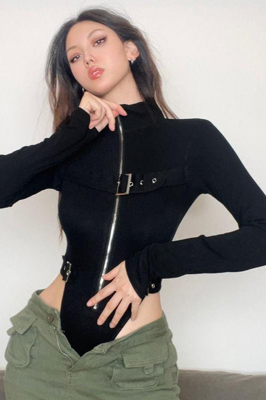 Techwear Metal Buckle Zipper High Waist Split Bodysuit