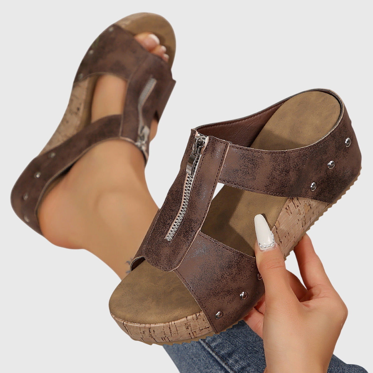 Open Toe Zip Front Cork Platform Wedge Mules 9