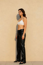 Low Waist PU Leather Slim Lace Up Hem Split Floor-Length Clubwear Pants