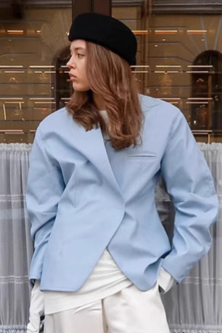 Collarless Welt Pocket Curved Hem Relaxed Fit Blazer Jacket 2