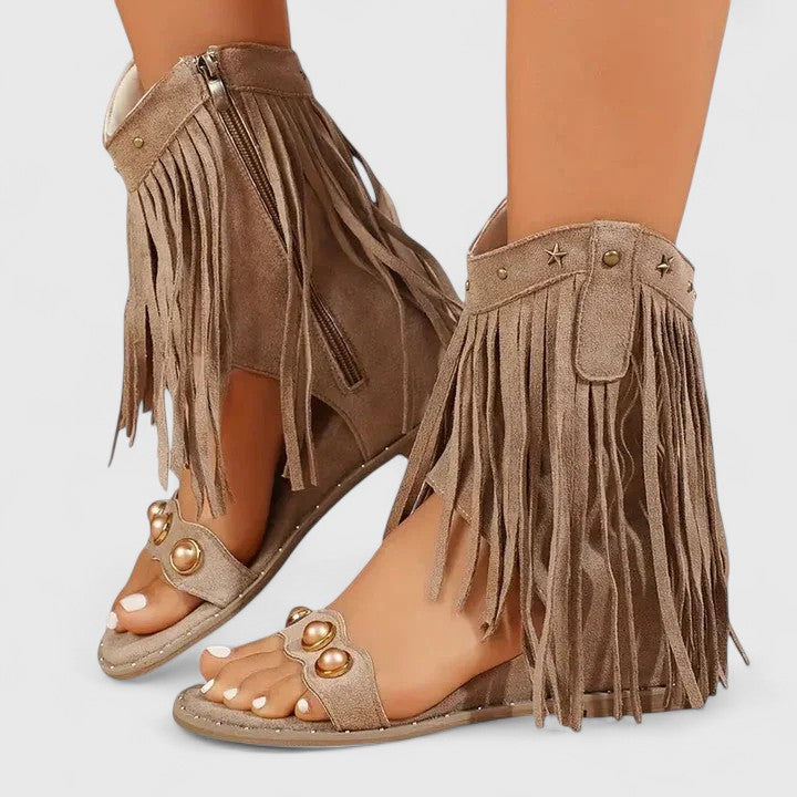 Open Toe Fringe Side Zip Flat Sandals 4