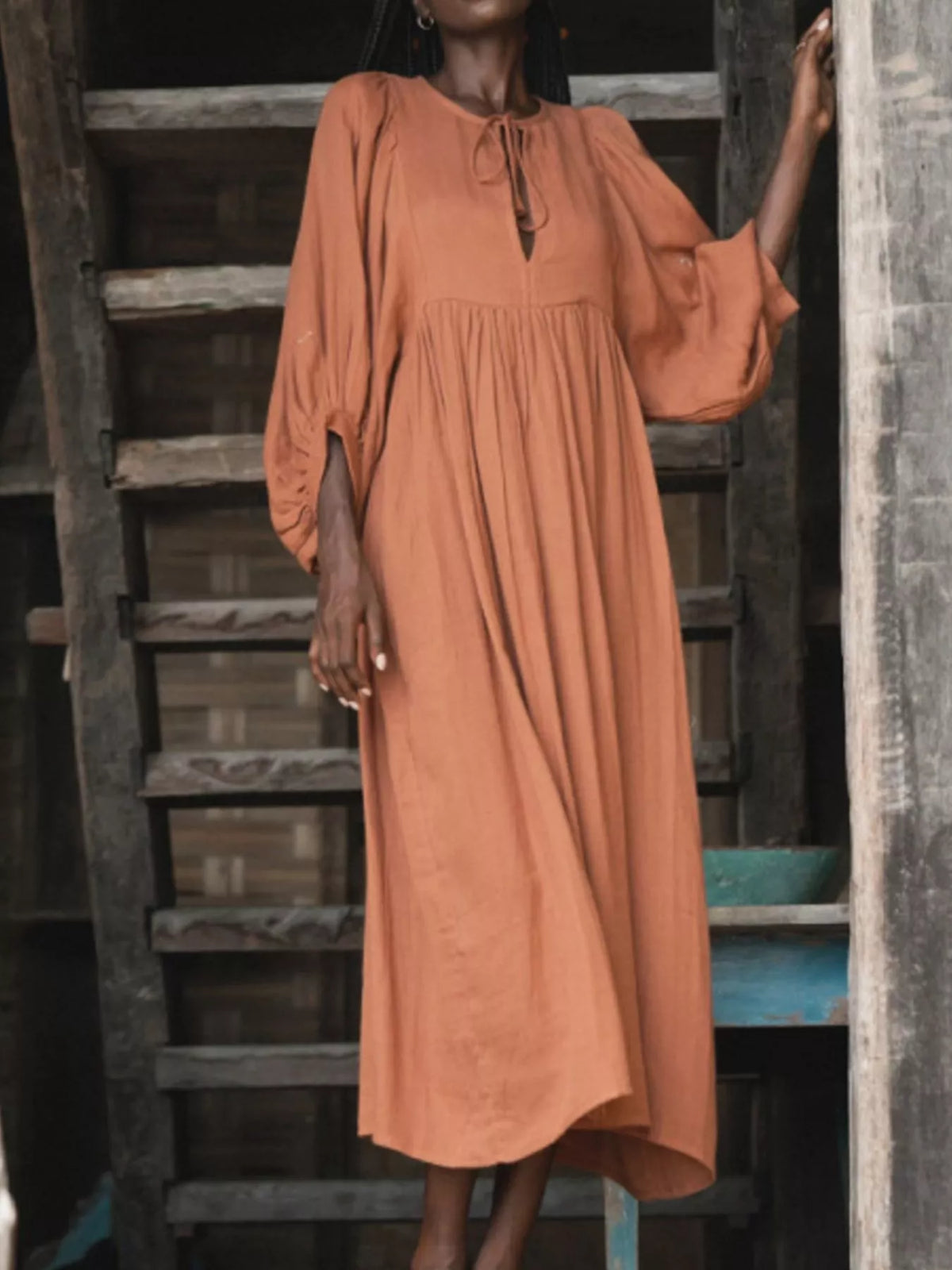 Split V-Neck Tie Neck Puff Sleeve Smock Midi Dress 11