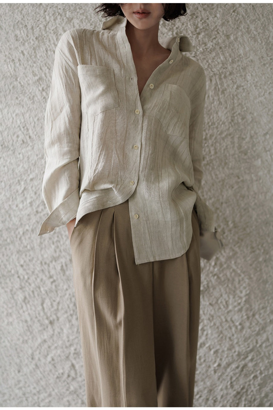 Crinkle Texture Collared Long Sleeve Twin Pocket Button Front Shirt 4