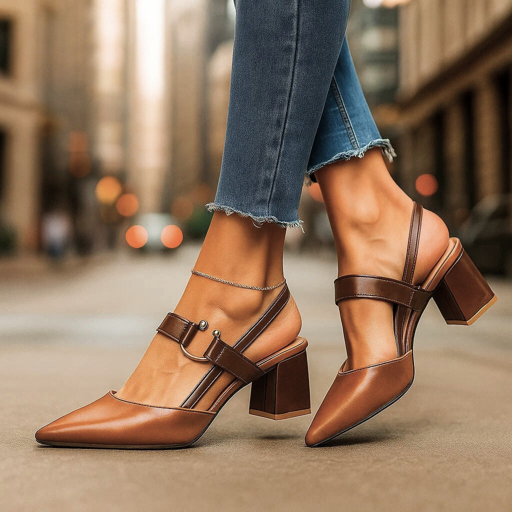 Pointed Toe Buckle Slingback Block Heel Pumps