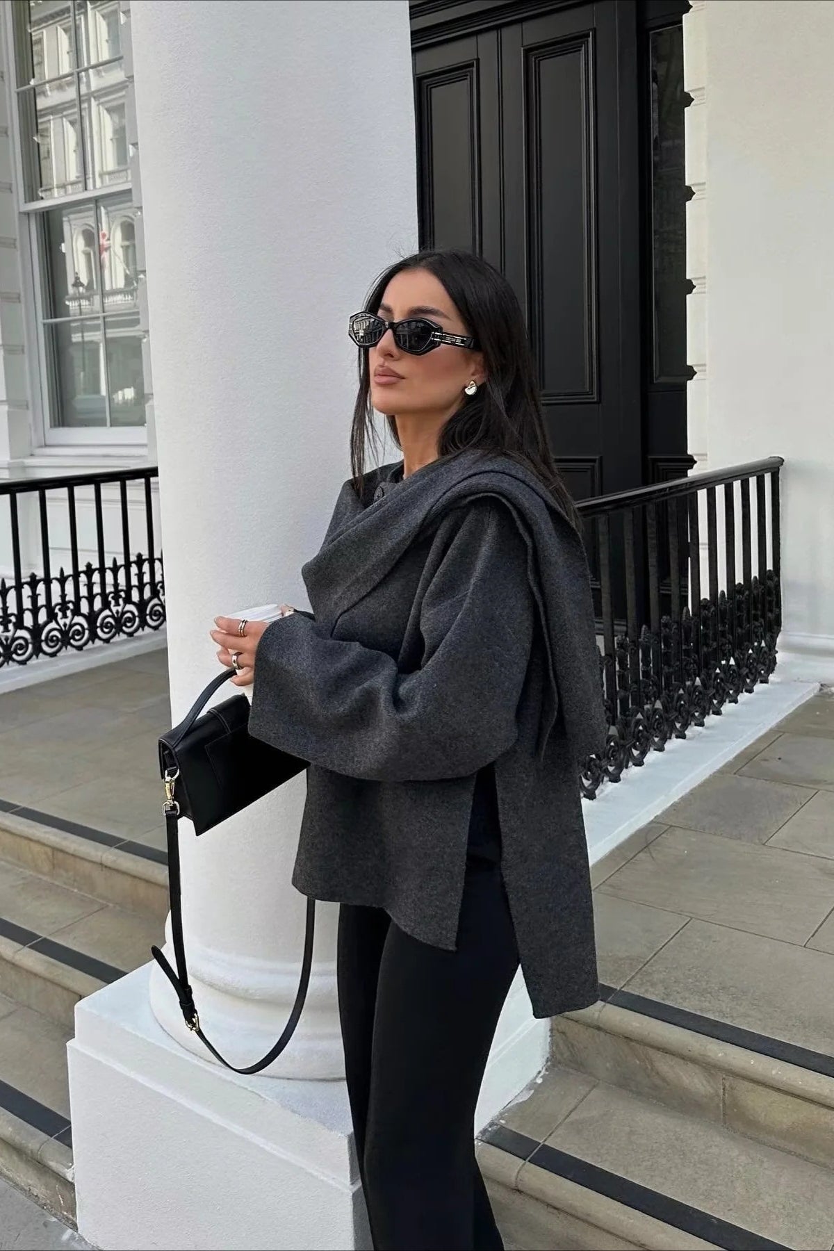 Cropped Knit Asymmetric Scarf Collar Coat