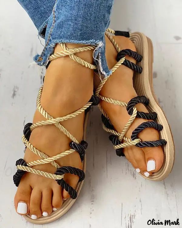 Knotted Lace-Up Sandals with Rope Design Flats