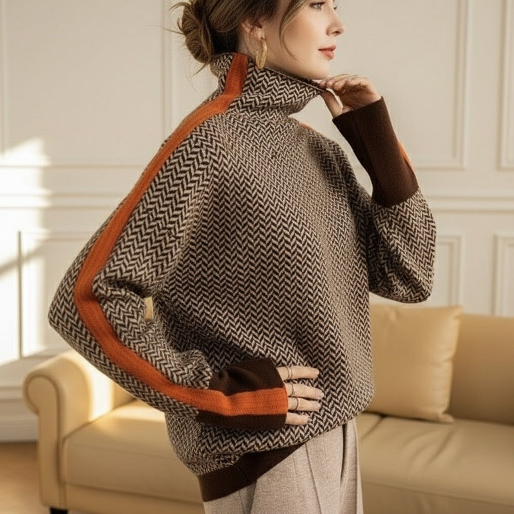 Herringbone Turtleneck Contrast Trim Oversized Sweater