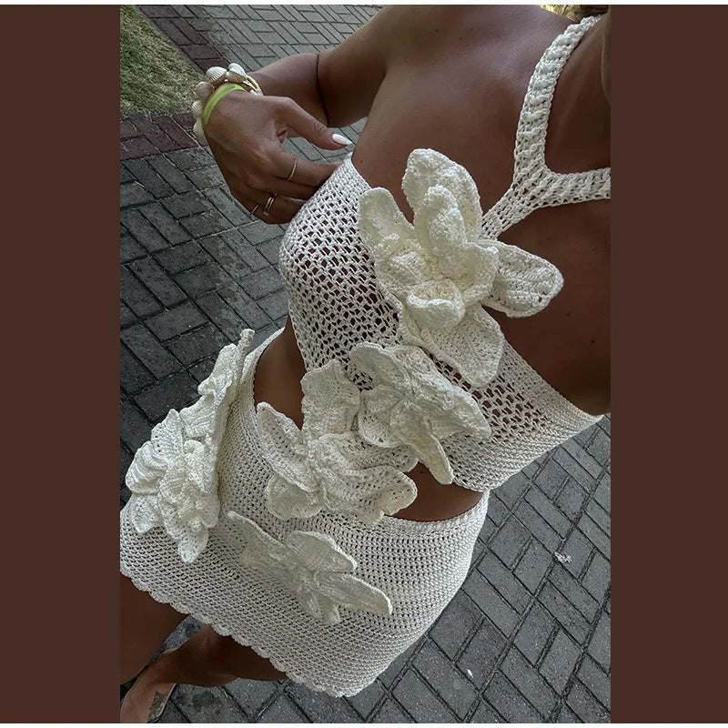 Crochet Knit 3D Flower Halter Crop Top and Mini Skirt Two Piece Set 8