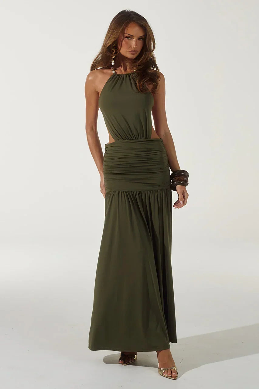 Halter Neck Side Cut Out Ruched Waist Flared Maxi Dress