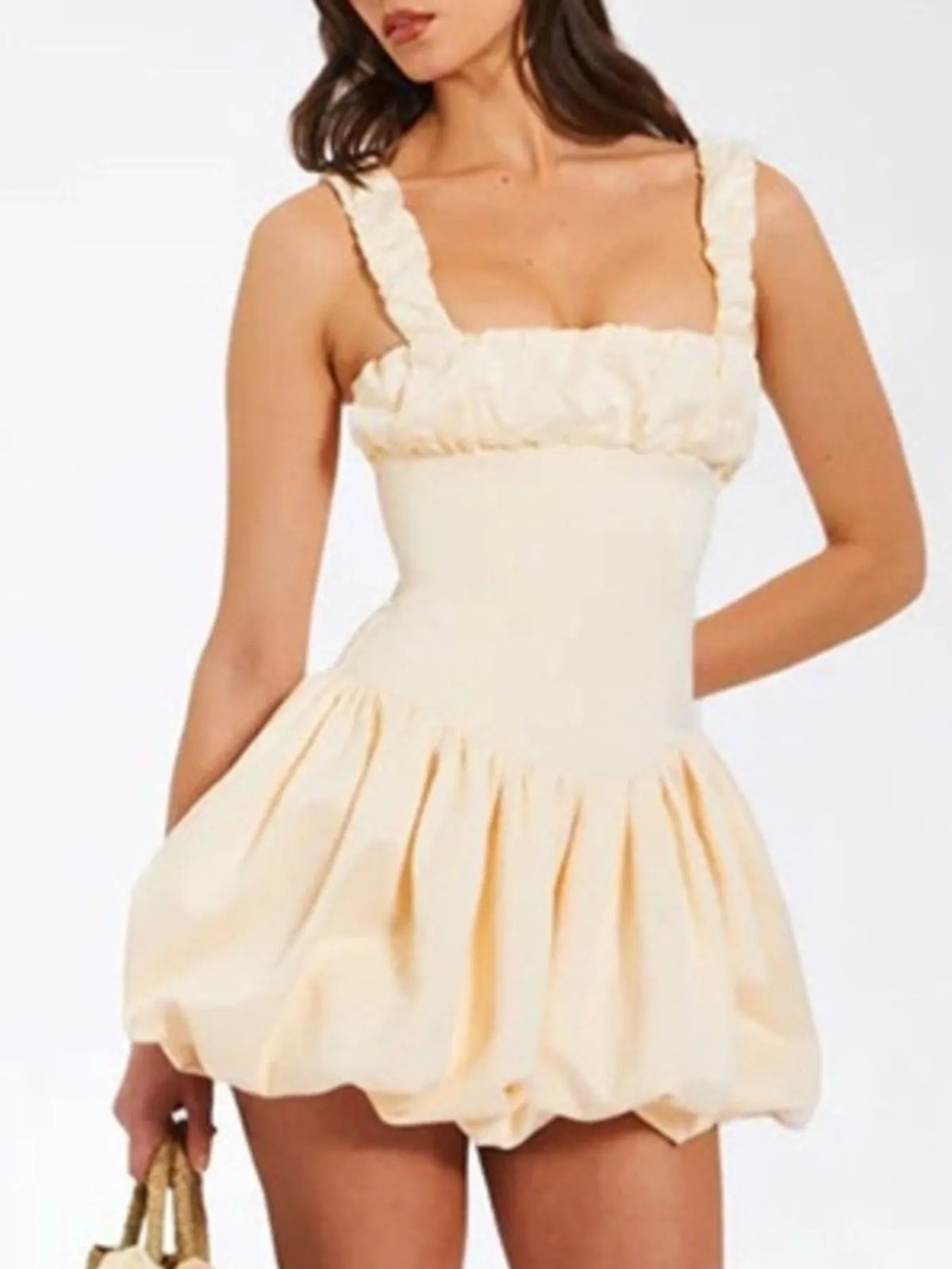 Square Neck Ruched Bust Ruffle Strap Bubble Hem Mini Dress 3