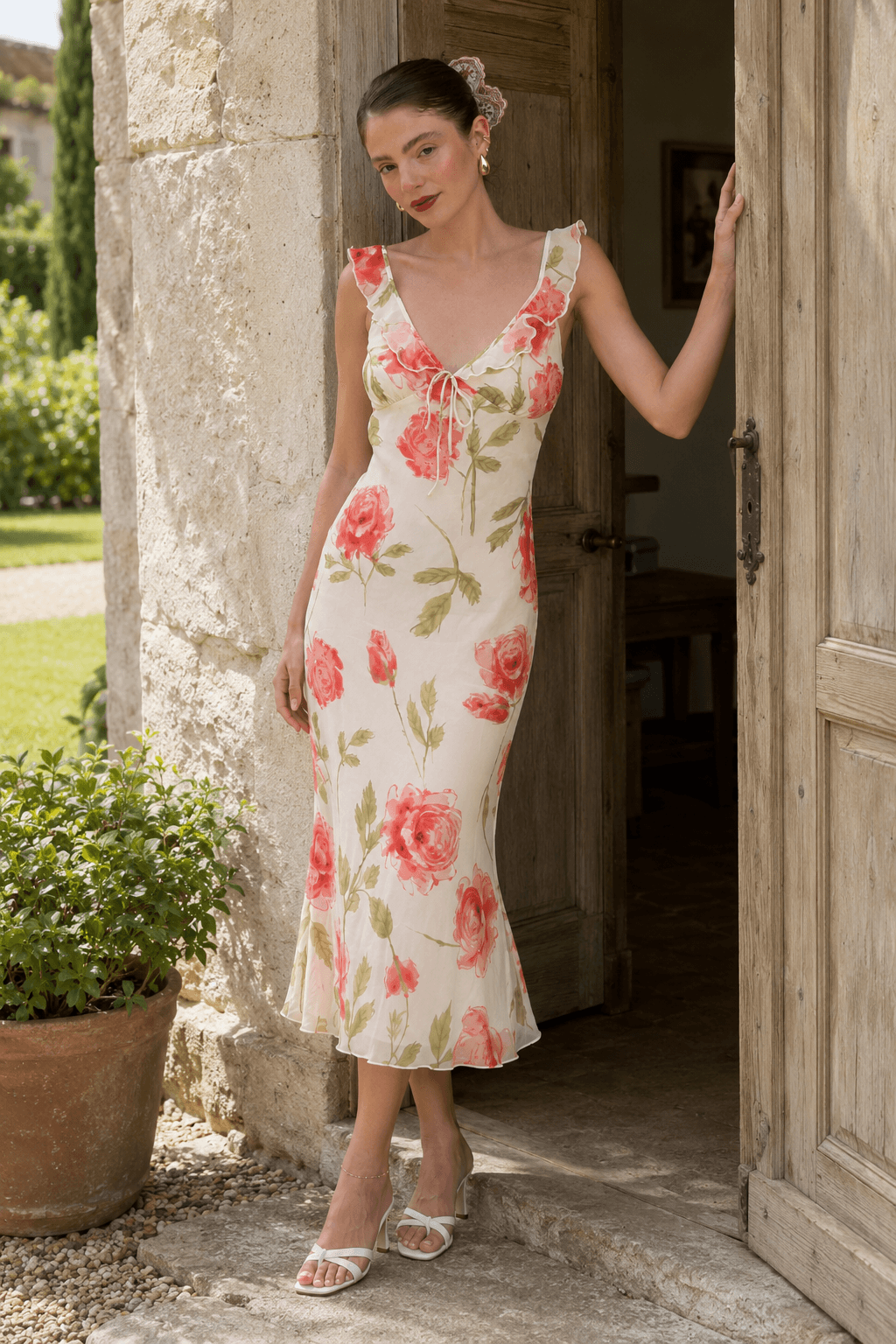 Open Back Pearl Bow Fitted Floral Dress