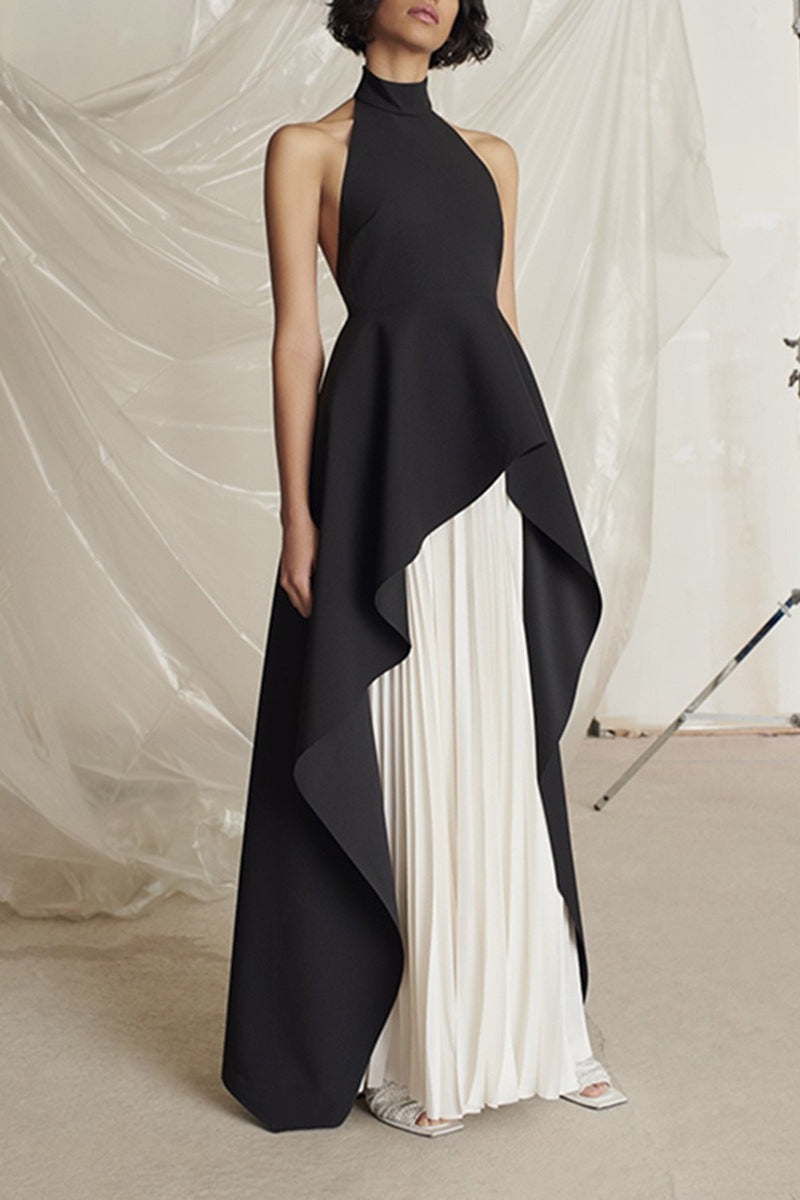Halter Neck Sleeveless Asymmetric Draped Pleated Maxi Gown