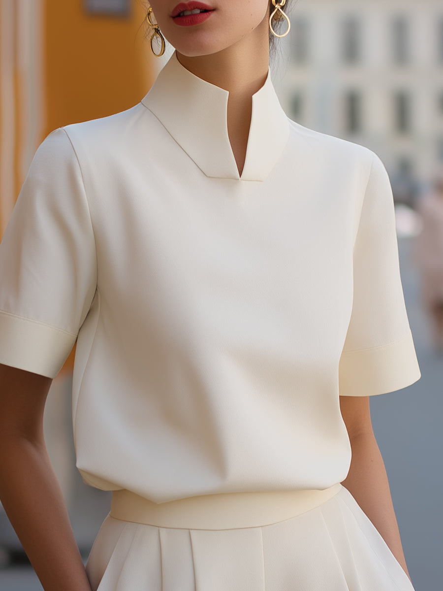 Stand Collar Split Neck Short Sleeve Blouse