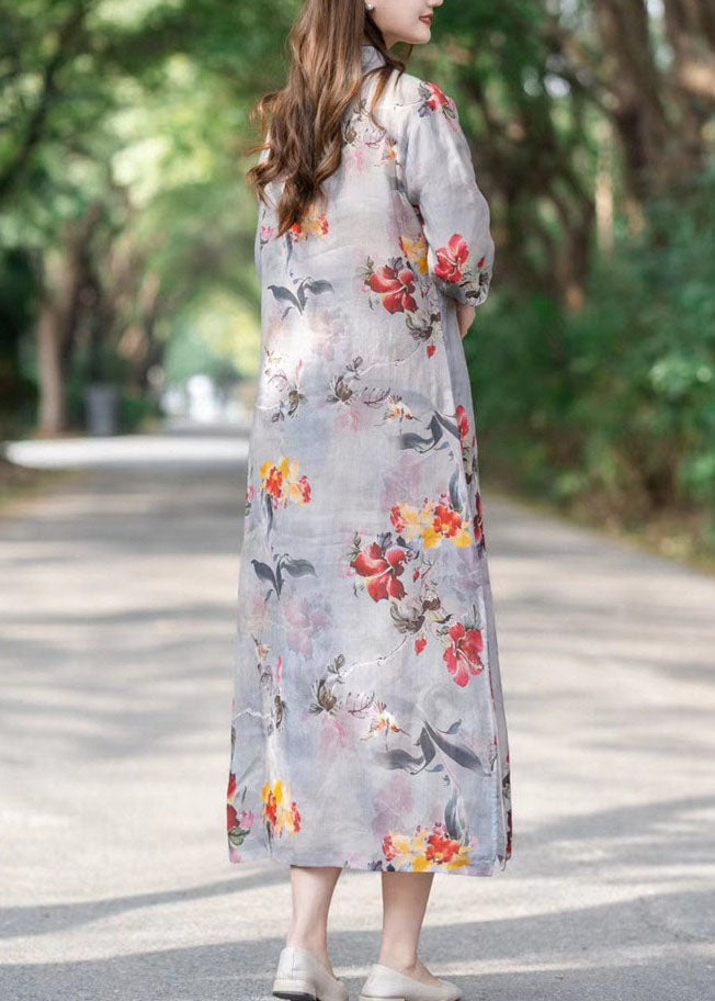 Mandarin Collar Frog Button Floral Print Cheongsam Midi Dress